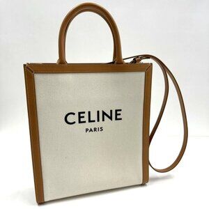 Celine Small Vertical Cover 2-Way Bag Canvas Leather Natural Tan Gold